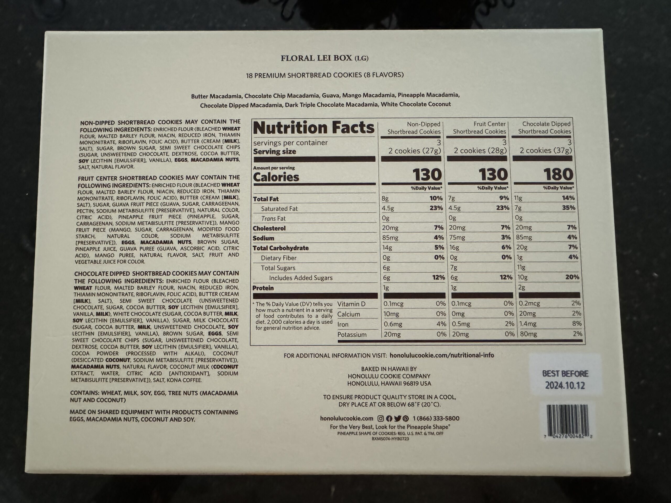 Honolulu Cookie Company nutrition facts